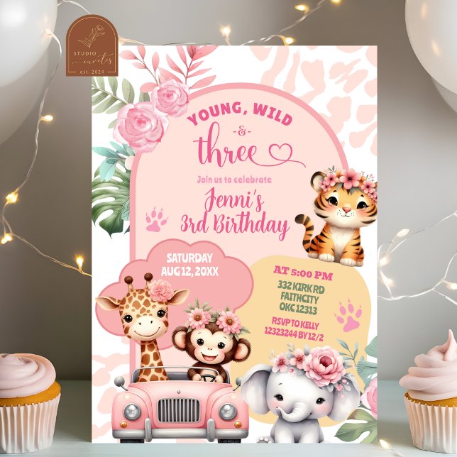 Girl Young Vild and Three Safari Animals Birthday Inbjudningar (Skapare uppladdad)
