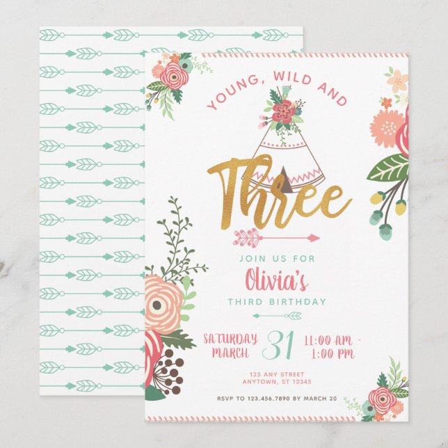 Girl Young Vild Three Boho Tribal Birthday Inbjuda Inbjudningar (Fram/baksida)