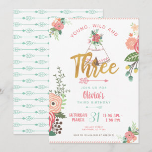Girl Young Vild Three Boho Tribal Birthday Inbjuda Inbjudningar
