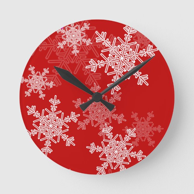 Girlig röd och vit jul snöflingor rund klocka (Framsida)