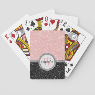 Girlig Rosa Black Glitter Monogram Namn Casinokort