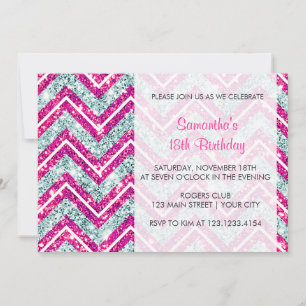 Girlig Rosa och blå Sparkly Faux Glitter Chevron Inbjudningar