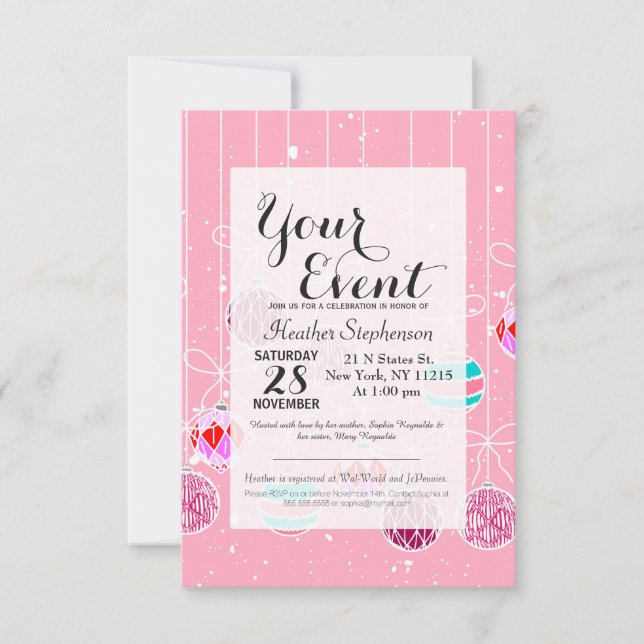 Girlig Rosa Teal Glam julprydnader och Snö Inbjudningar (Framsida)