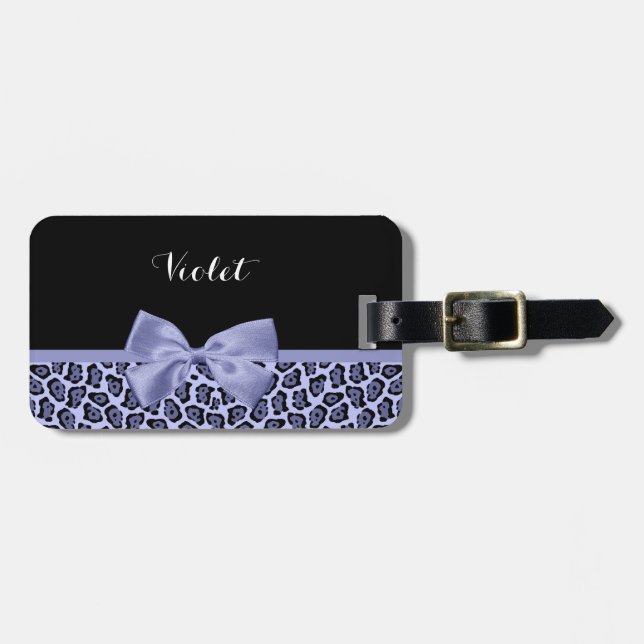Girligt Lila Jaguar Skriv ut Lavender Bow med Namn Bagagebricka (Horisontell Framsida)