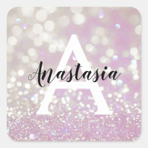 Girligt Lilac Shimmer Glitter Sparkles Monogram Na Fyrkantigt Klistermärke