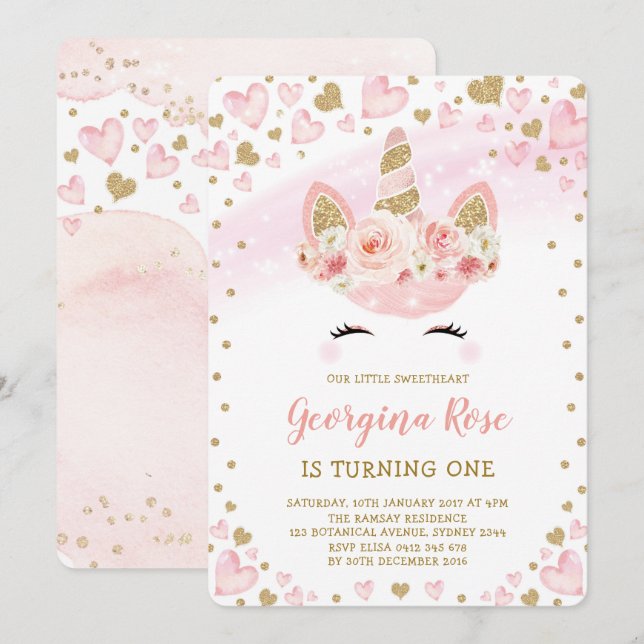 Girligt Magic Unicorn Birthday Rosa Guld Hearts Inbjudningar (Fram/baksida)