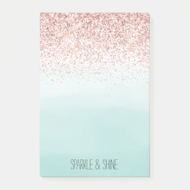 Girligt Mint Ombre Glam Rosa Glitter Post-it Block (Framsida)