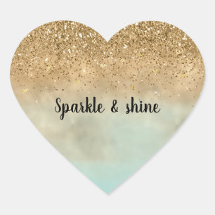 Girligt Mint Ombre Watercolor Guld Glitter Hearear Hjärtformat Klistermärke