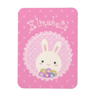 Girligt Rosa Cute Kawaii Bunny & Blommor, eget nam Magnet