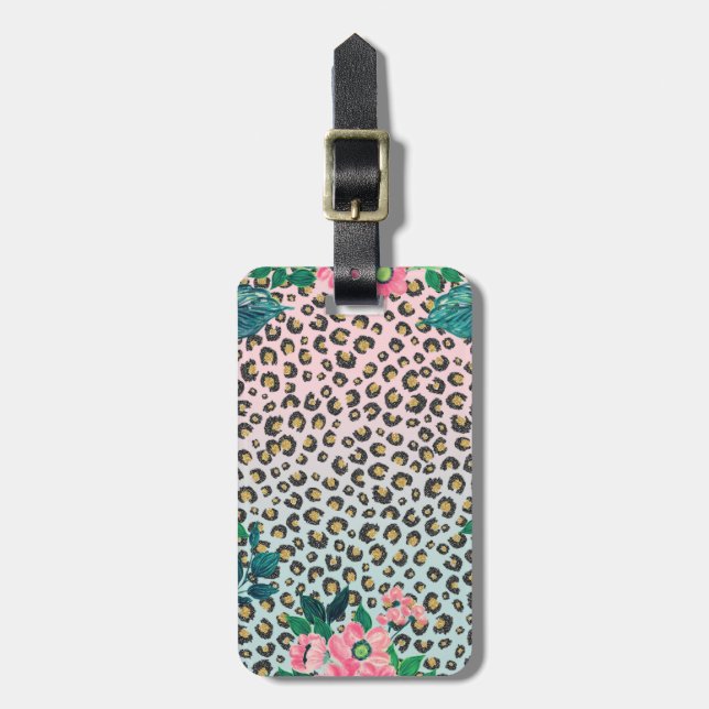 Girligt Rosa Mint Ombre Blommigt Glitter Leopard S Bagagebricka (Vertikal Framsida)