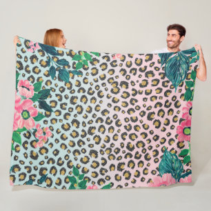 Girligt Rosa Mint Ombre Blommigt Glitter Leopard S Fleecefilt