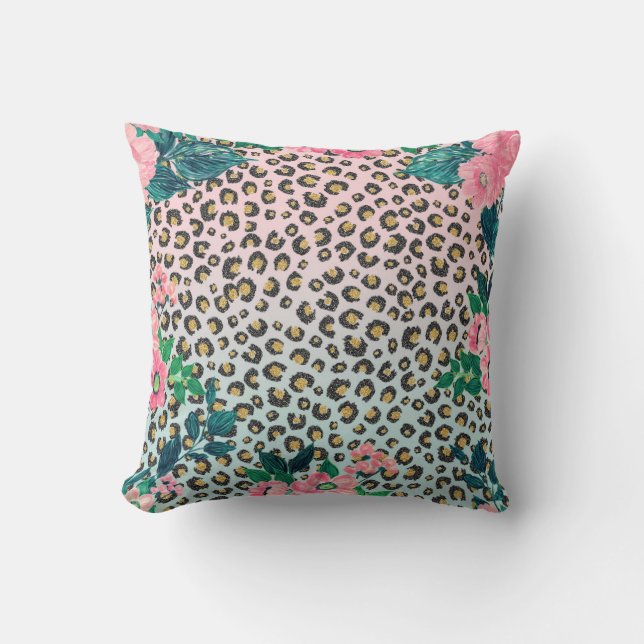 Girligt Rosa Mint Ombre Blommigt Glitter Leopard S Kudde (Framsida)