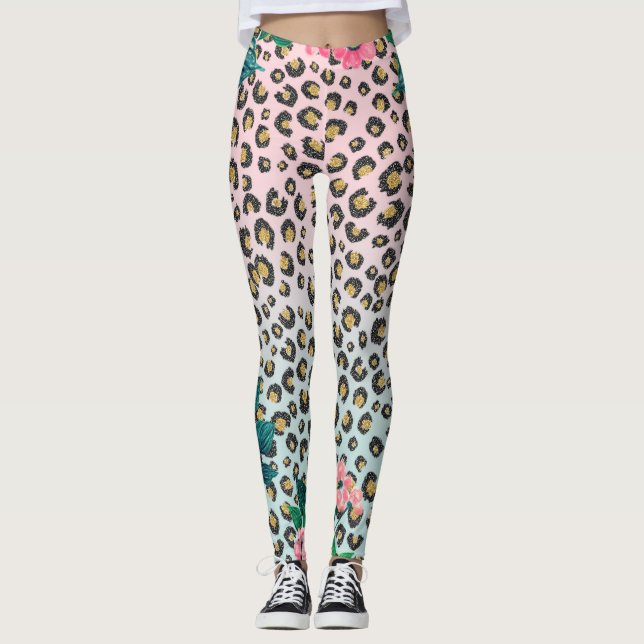 Girligt Rosa Mint Ombre Blommigt Glitter Leopard S Leggings (Framsida)
