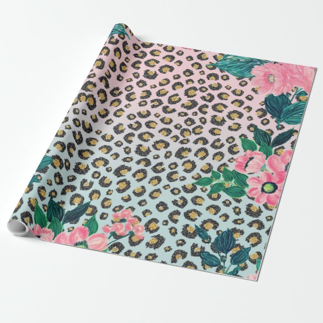 Girligt Rosa Mint Ombre Blommigt Glitter Leopard S Presentpapper (Utrullad)
