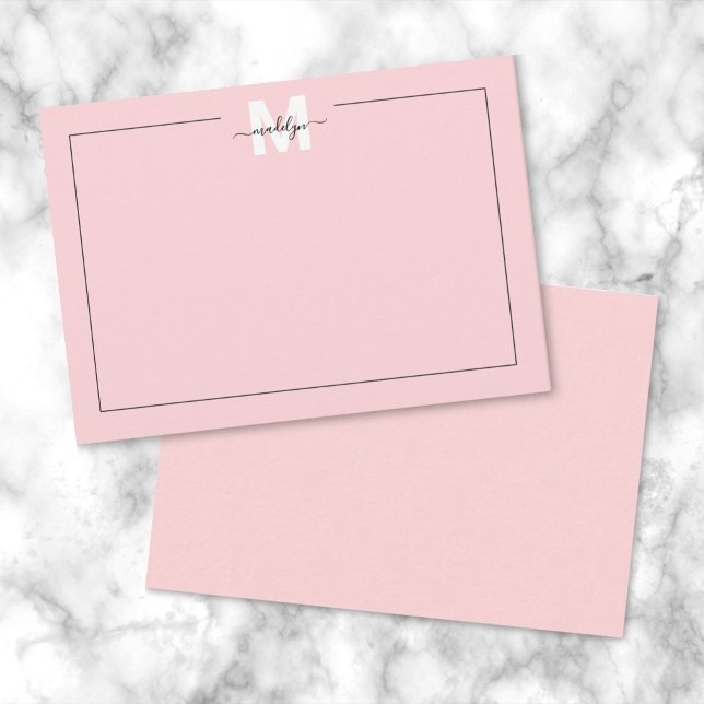 Girligt  Rosa Script Calligraphy Namn Monogram Anteckningskort (Girly Blush Pink Script Calligraphy Name Monogram Note Card)
