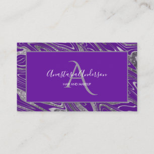 Girligt Royal Lila Silver Marble Glitter Monogram Visitkort