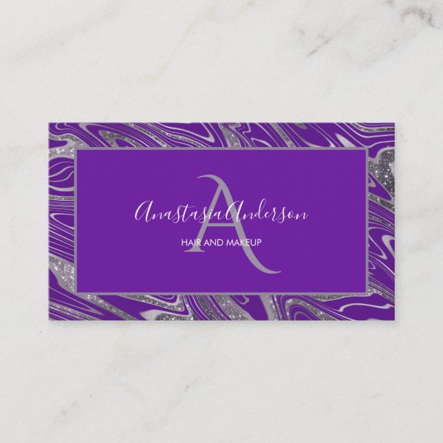 Girligt Royal Lila Silver Marble Glitter Monogram Visitkort (Framsida)