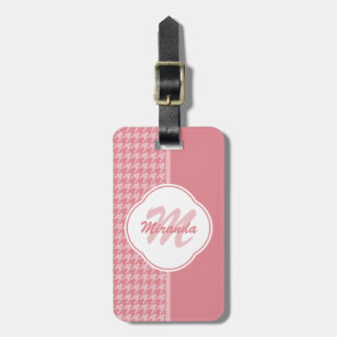 GirLjusa rosa houndstooth Monogram med Namn Bagagebricka