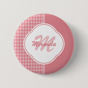 GirLjusa rosa houndstooth Monogram med Namn Knapp