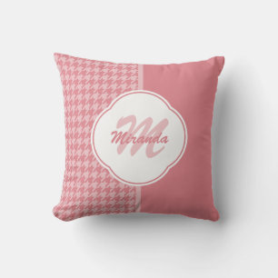 GirLjusa rosa houndstooth Monogram med Namn Kudde