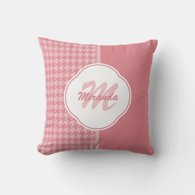 GirLjusa rosa houndstooth Monogram med Namn Kudde (Framsida)
