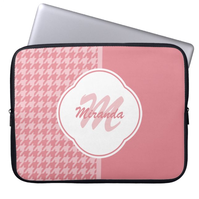 GirLjusa rosa houndstooth Monogram med Namn Laptop Fodral (Framsidan)