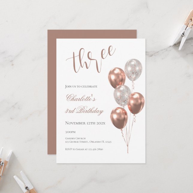 Girl's 3rd birthday, with beige balloons inbjudningar (Fram/Back In Situ)