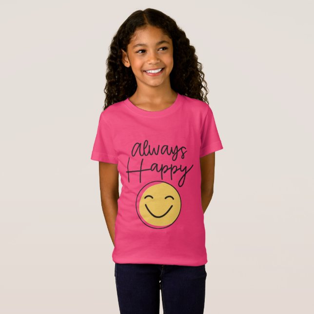 Girls' "Always Happy" Pink Smiley Tee - Bright Joy (Hel framsida)
