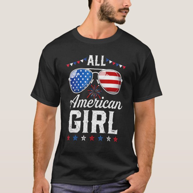 Girls American Flagga Sunglass 4:e juli Messy B T Shirt (Framsida)