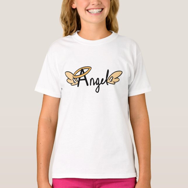 Girls Angel med Vingar och Halo i Orange T-shirt (Framsida)