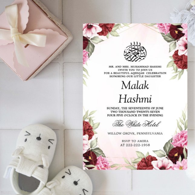 Girls Aqiqa Red Blommigt Baby Islamic Aqeeqah Inbjudningar (Skapare uppladdad)