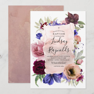 Girls Baptism    Blue Burgundy Red-Blommigt Inbjudningar