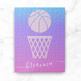Girls Basketball Rosa Lila Ombre Gradient & Namn Pussel