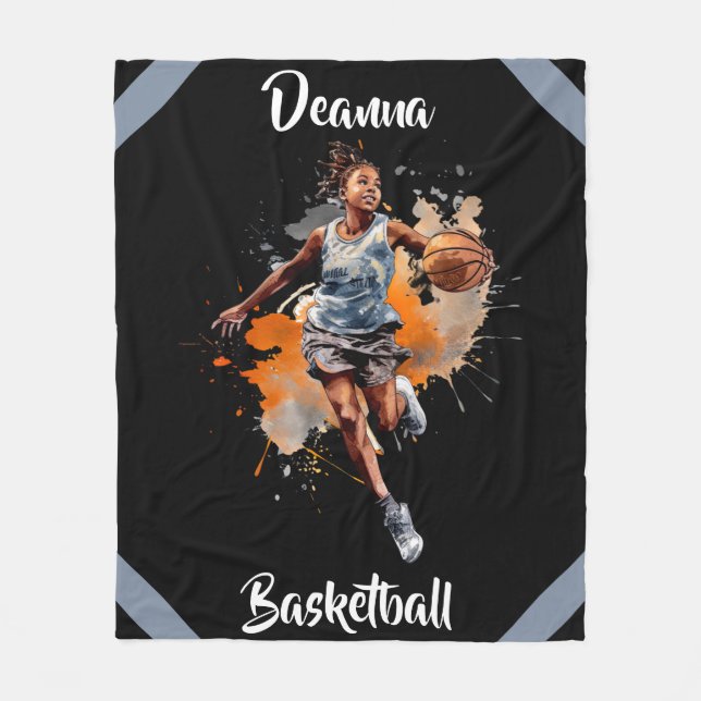 Girls Basketball Watercolor-Personlig Fleecefilt (Framsidan)