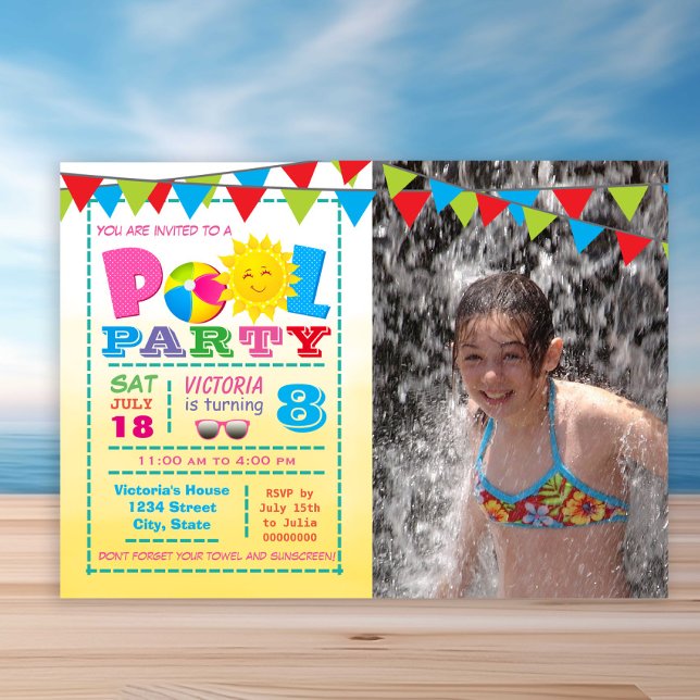 Girls Bassäng-inbjudningar Inbjudningar (Cute any number pool birthday party invitation. Simply add your details and photo.)