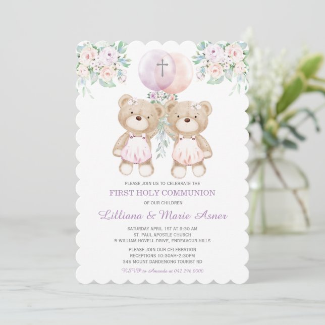 Girls Bears Twin Communion-inbjudningar Inbjudningar (Stående Fram)