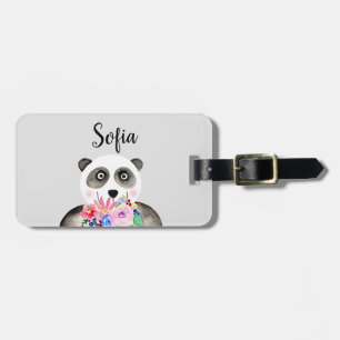 Girls Benice Flowers Watercolor Panda och Namn Bagagebricka