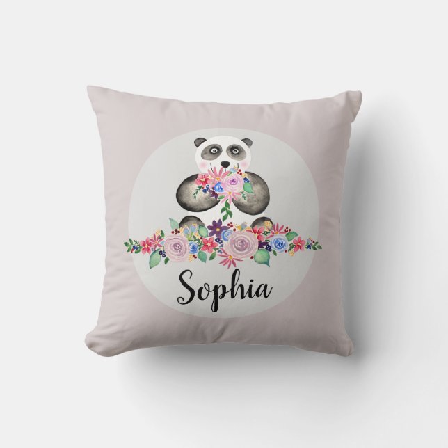 Girls Benice Flowers Watercolor Panda och Namn Kudde (Framsida)