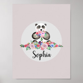 Girls Benice Flowers Watercolor Panda och Namn Poster