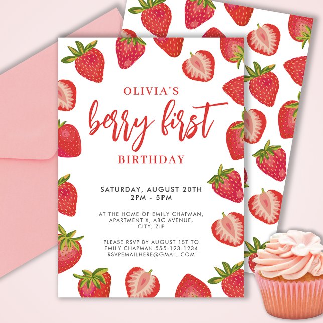 Girls Berry First jordberry födelsedagsfest Inbjudningar (Cute girls Berry First strawberry birthday party invitation.  Customize with your own event details.)