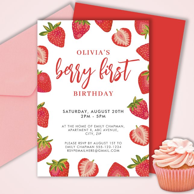 Girls Berry First jordberry födelsedagsfest Inbjudningar (Cute girls Berry First strawberry birthday party invitation.  Customize with your own event details.)
