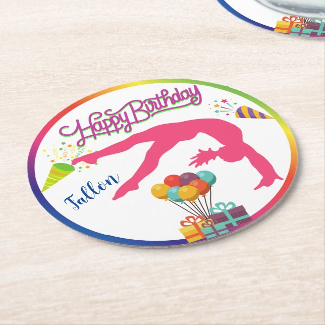 Girls Birthday Gymnastics HandSpring Rainbow Trim Underlägg Papper Rund (Vinklad)