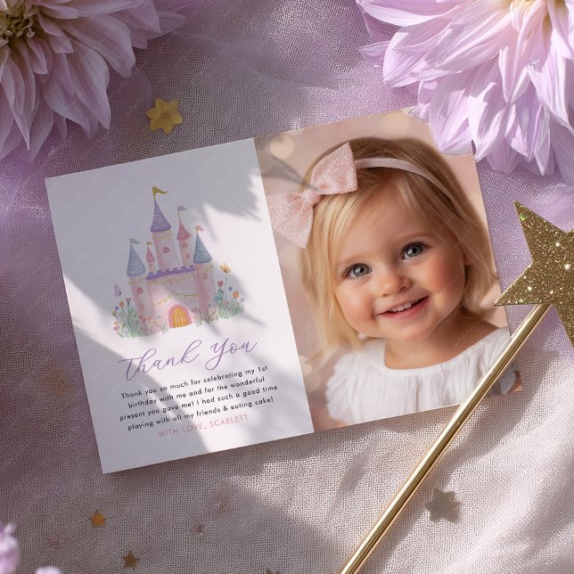 Girls Birthday Photo Thank You Card Princess Party Tack Kort (Girls birthday Photo thank you card | Princess Pastel Castle Party)