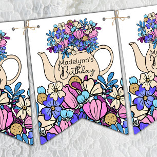 Girls Birthday Tea Party Blommigt Vimplar