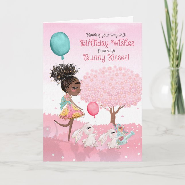 Girls Birthday Wishes Bunny Kisses Brown Girl Kort (Framsida)