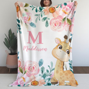 Girls Blanket Blommigt med Giraffe Monogram Fleecefilt