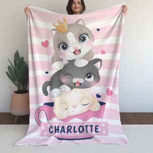 Girls Blanket med Cute Tecknad Cats Rosa Rand Fleecefilt
