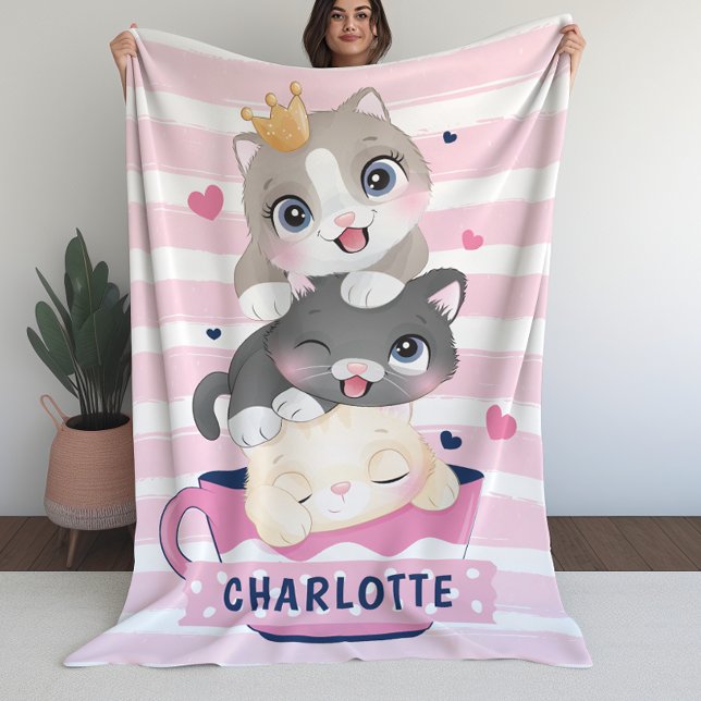 Girls Blanket med Cute Tecknad Cats Rosa Rand Fleecefilt (Girls Blanket with Cute Cartoon Cats Pink Stripes)