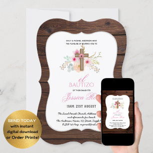 Girls Blommigt BAUTIZO Bautismo Rosa Catholique Ko Inbjudningar