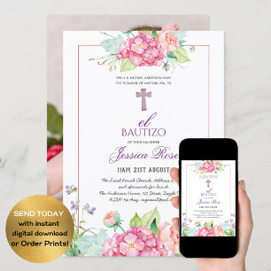 Girls Blommigt BAUTIZO Bautismo Rosa Catholique Ko Inbjudningar